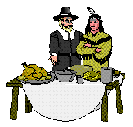 Pilgrim and Indian at Thanksgiving Table